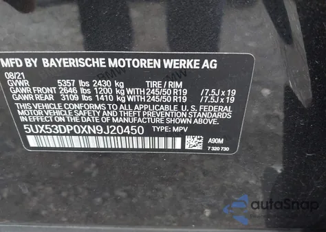 2022 BMW X3 xDrive30I z USA, uszkodzony, nr VIN 5UX53DP0XN9J20450